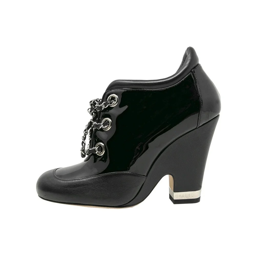Chanel Black Patent Leather Wedge Ankle Boots Chain‎ Lace 38.5